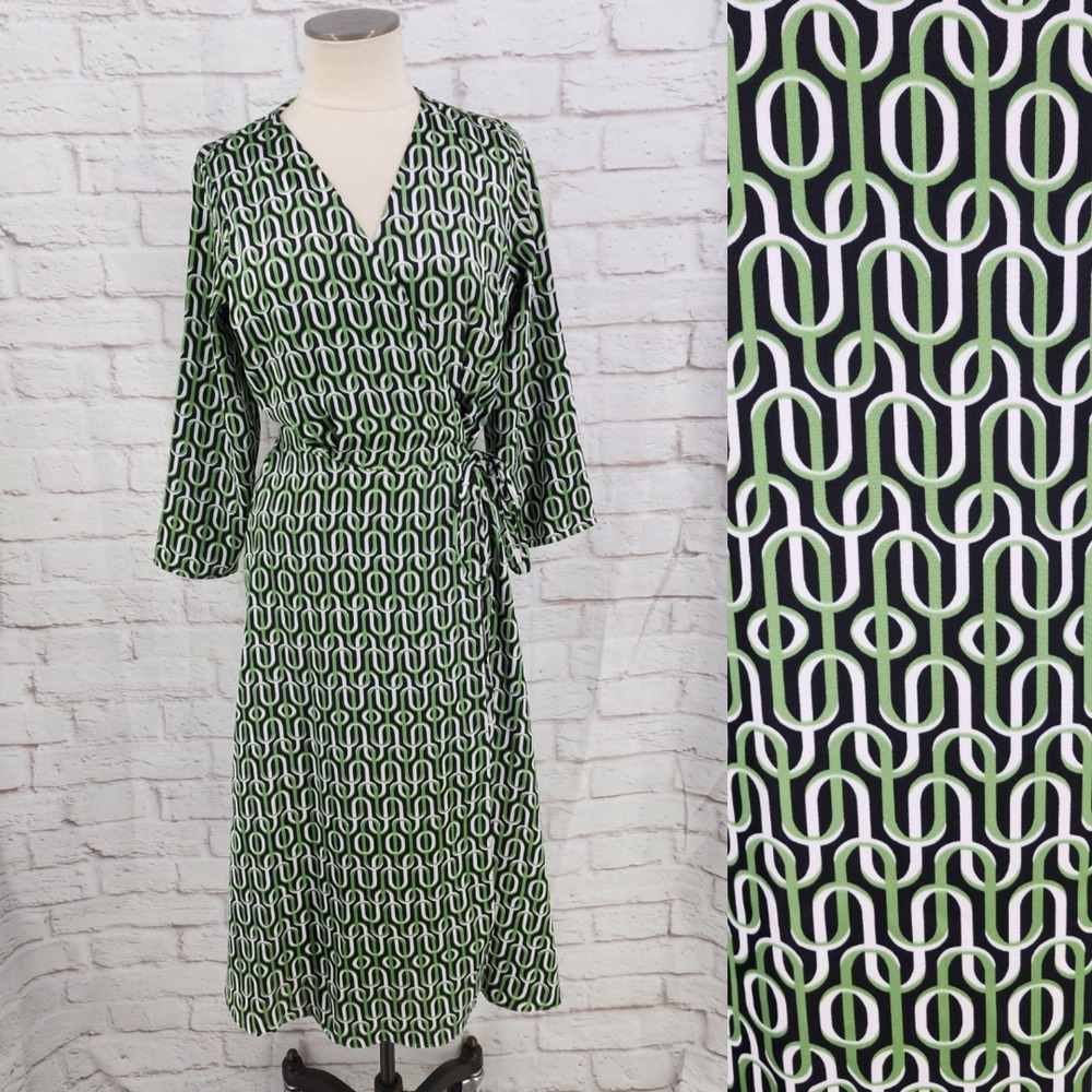 Vintage Y2K True Wrap Kimono Dress Satin Artsy Maximalist Chain Print Career 10